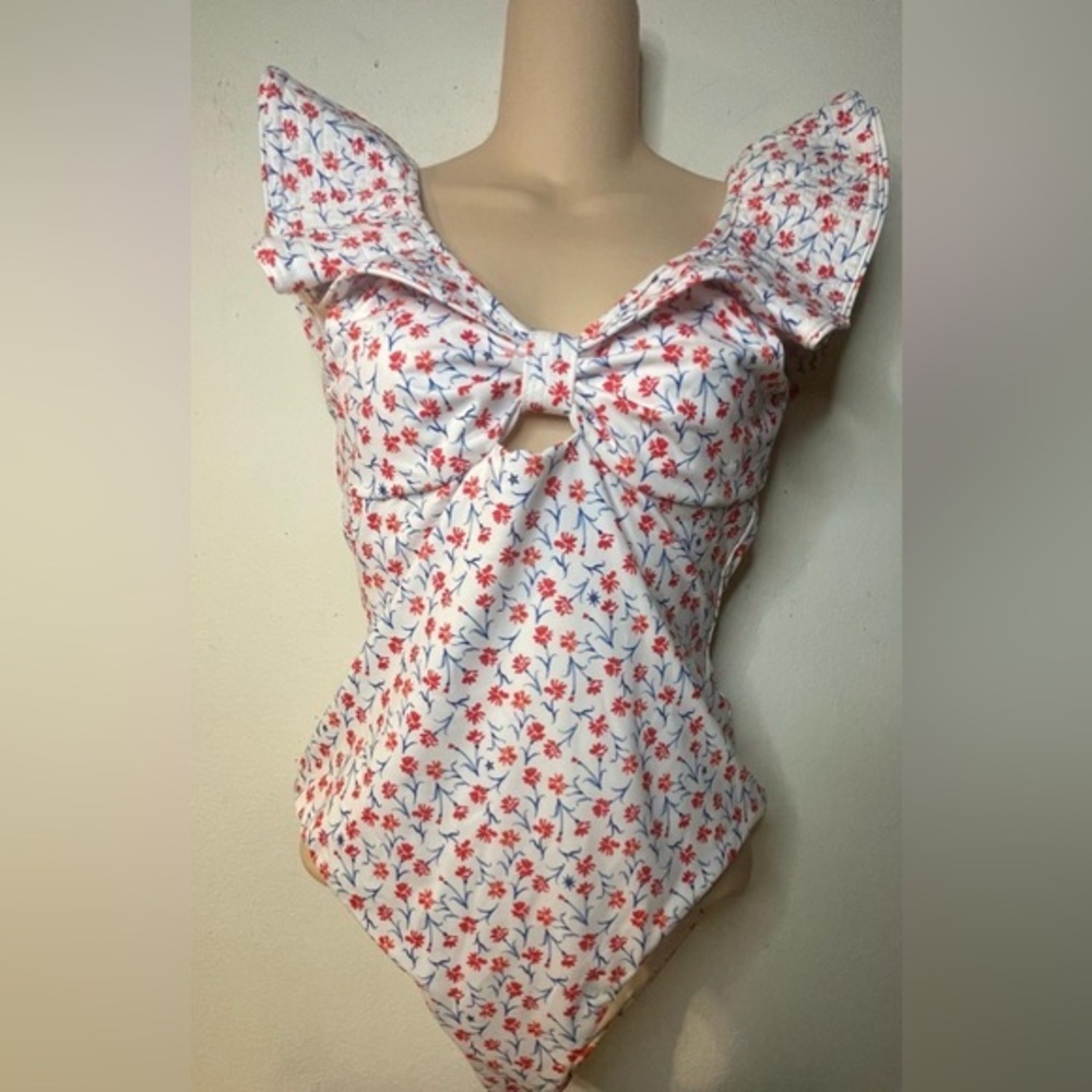 Red and White Floral One Piece Swimsuit with Sweetheart Neckline